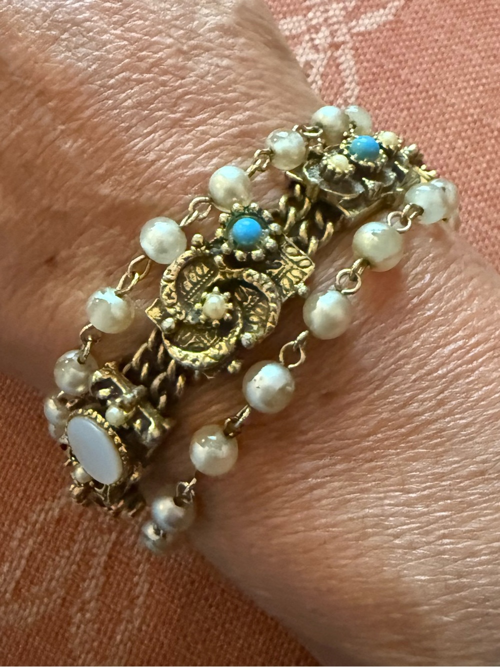 Vintage  Gold Bracelet with Turquoise, opalescent and Pearl Accents.